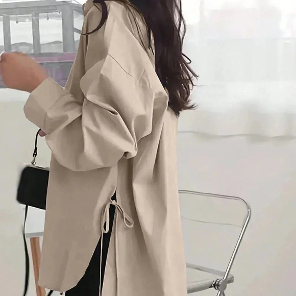 Khaki Casual Women's Solid Drop Shoulder Split Hem Shirt - Picture 3 of 5